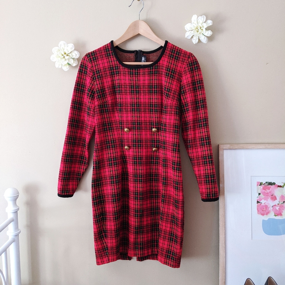 90s red & black plaid long sleeve winter dress
